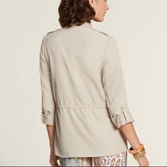 NWT Chico’s jacket soft mix safari crepe lapel size 0 (small 4) tan waist tie - Picture 10 of 12